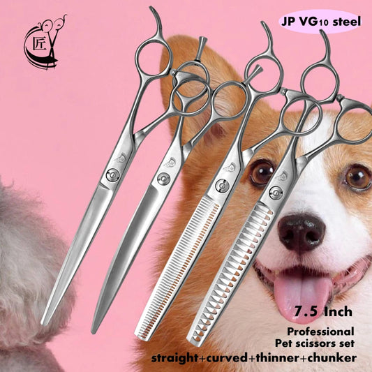 Crane 7.5 Inch Professional Pet Scissors Set for Dog Grooming Scissor Straight Curved Chunker Thinning Pet Shears VG10 Steel