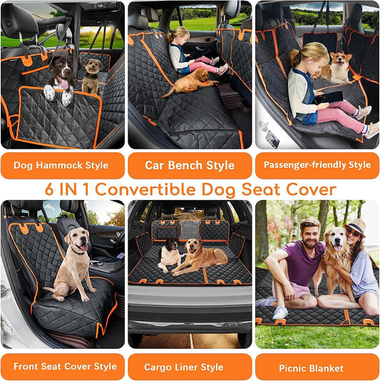 6-In-1 Dog Car Seat Cover for Back Seat, Waterproof Dog Car Hammock with Mesh Window, Non-Slip Pet Backseat Protector for Cars, Trucks and Suvs