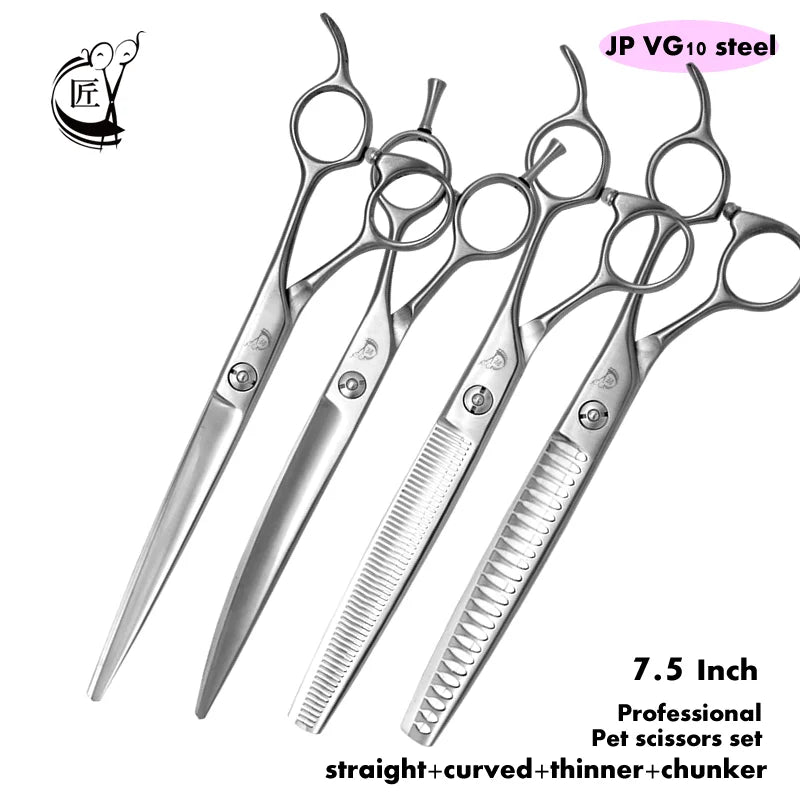 Crane 7.5 Inch Professional Pet Scissors Set for Dog Grooming Scissor Straight Curved Chunker Thinning Pet Shears VG10 Steel